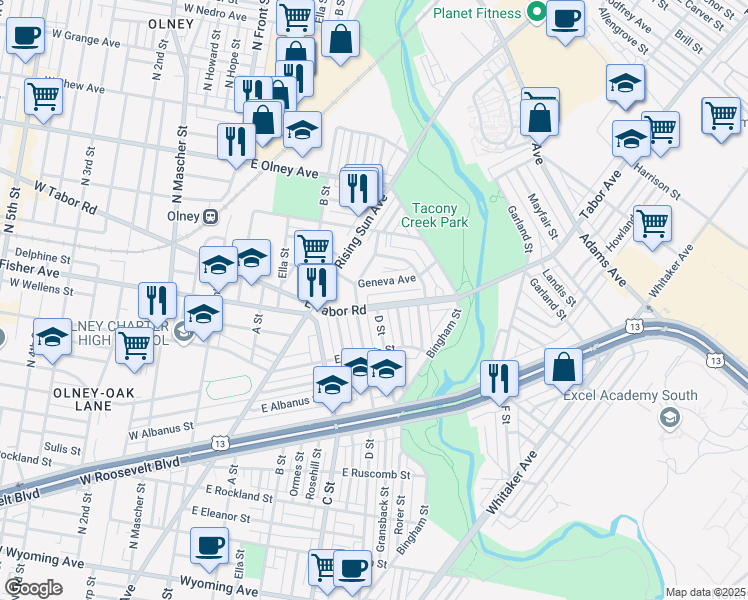 map of restaurants, bars, coffee shops, grocery stores, and more near 523 East Tabor Road in Philadelphia
