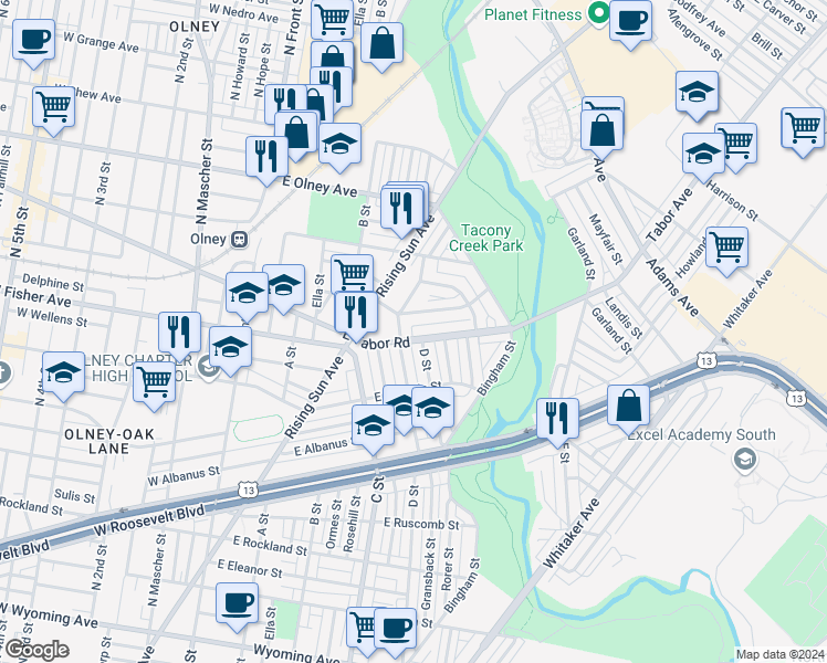map of restaurants, bars, coffee shops, grocery stores, and more near 523 East Tabor Road in Philadelphia