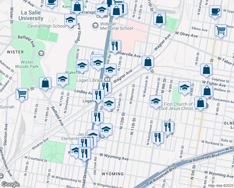 map of restaurants, bars, coffee shops, grocery stores, and more near 5107 North 13th Street in Philadelphia