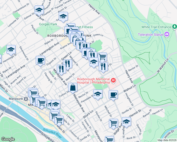 map of restaurants, bars, coffee shops, grocery stores, and more near 4359 Mitchell Street in Philadelphia