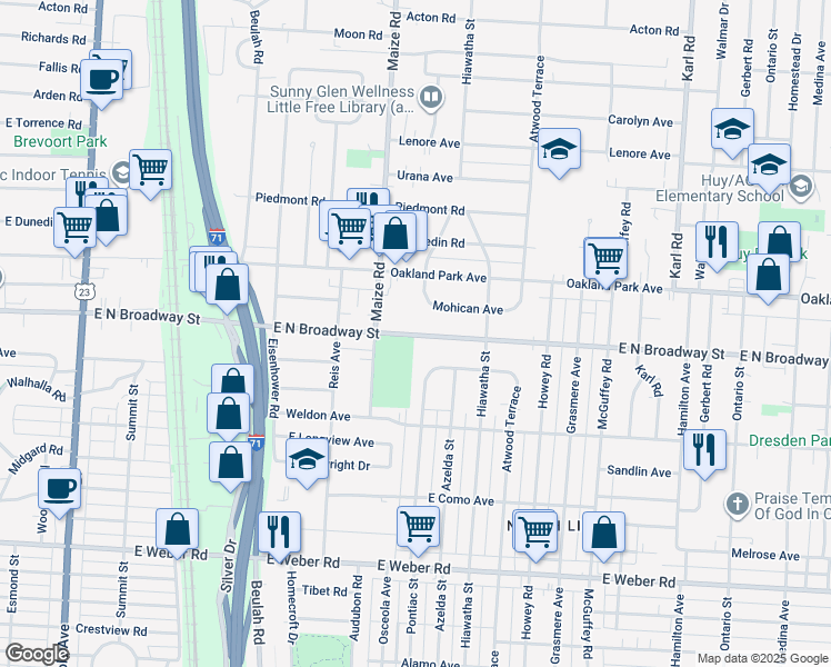 map of restaurants, bars, coffee shops, grocery stores, and more near 973 East North Broadway in Columbus