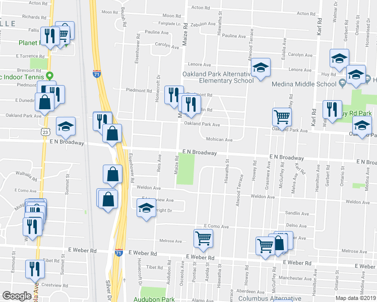 map of restaurants, bars, coffee shops, grocery stores, and more near 3220 Maize Road in Columbus