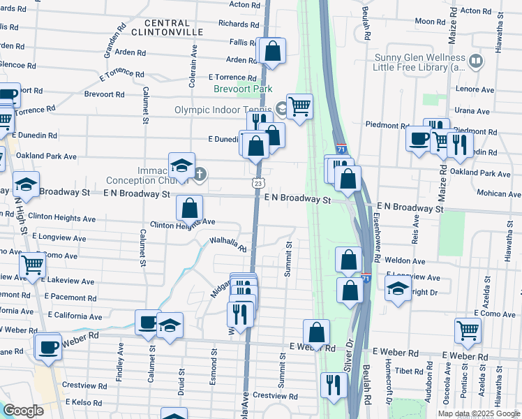 map of restaurants, bars, coffee shops, grocery stores, and more near 3262 Indianola Avenue in Columbus