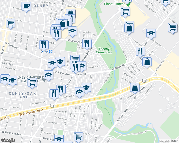 map of restaurants, bars, coffee shops, grocery stores, and more near 523 East Tabor Road in Philadelphia