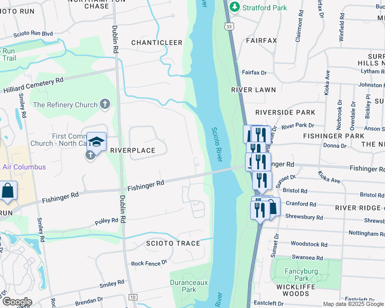 map of restaurants, bars, coffee shops, grocery stores, and more near 3706 Riverview Drive in Columbus