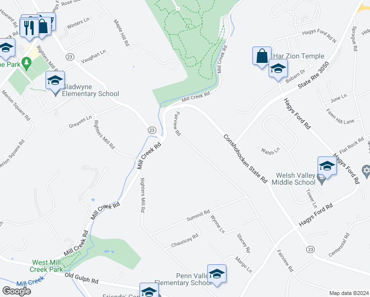 map of restaurants, bars, coffee shops, grocery stores, and more near 44 Fairview Road in Penn Valley