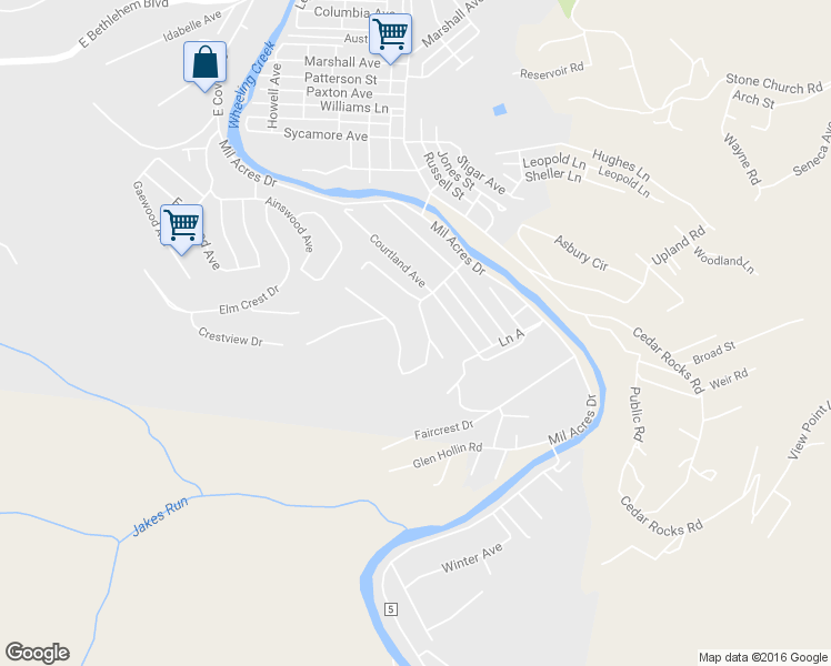 map of restaurants, bars, coffee shops, grocery stores, and more near 9 Timberview Dr in Wheeling