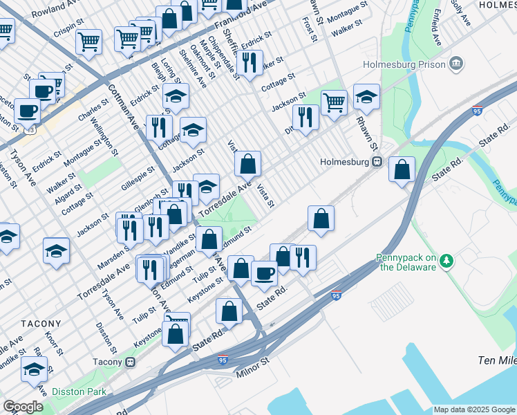 map of restaurants, bars, coffee shops, grocery stores, and more near 4756 Loring Street in Philadelphia
