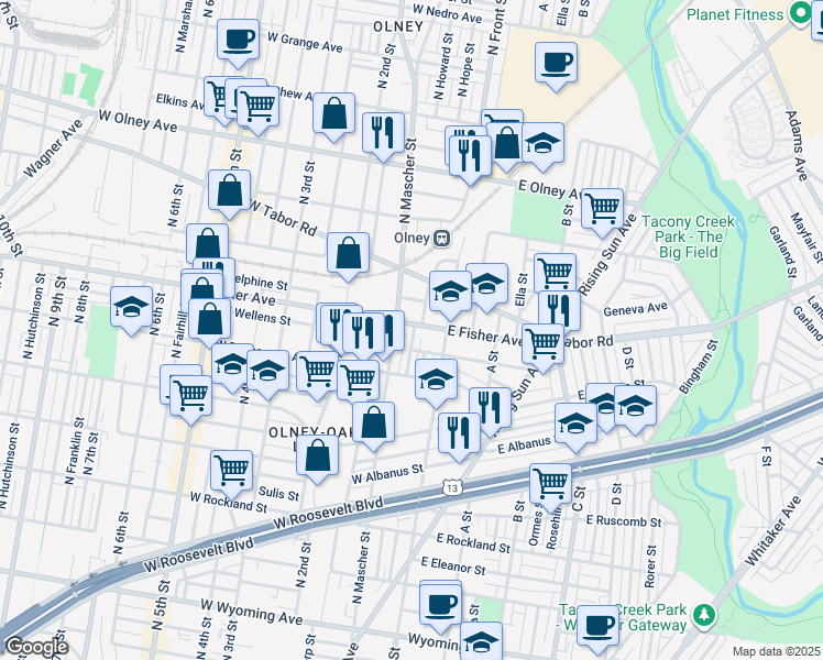 map of restaurants, bars, coffee shops, grocery stores, and more near 132 West Fisher Avenue in Philadelphia
