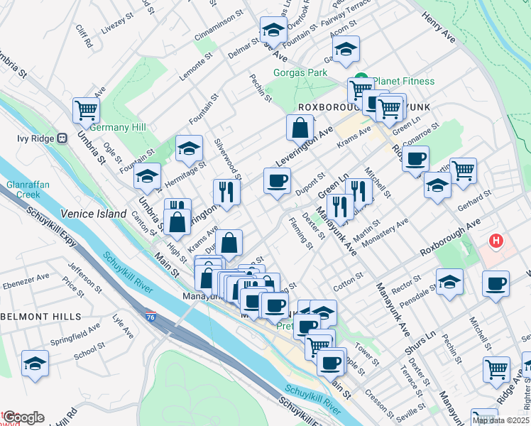 map of restaurants, bars, coffee shops, grocery stores, and more near 251 Dupont Street in Philadelphia