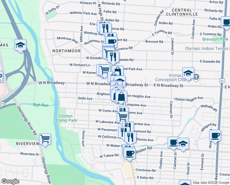 map of restaurants, bars, coffee shops, grocery stores, and more near 21 Brighton Road in Columbus