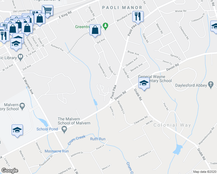 map of restaurants, bars, coffee shops, grocery stores, and more near 2 Putney Lane in Malvern