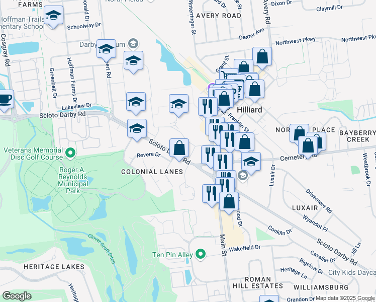 map of restaurants, bars, coffee shops, grocery stores, and more near 5380 Scioto Darby Road in Hilliard