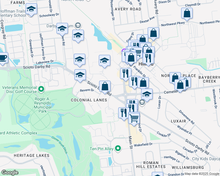 map of restaurants, bars, coffee shops, grocery stores, and more near 5380 Scioto Darby Road in Hilliard