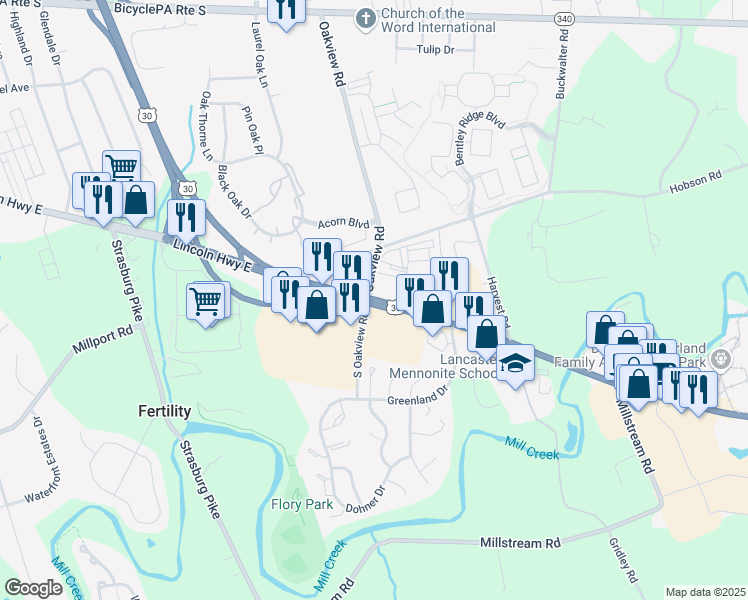 map of restaurants, bars, coffee shops, grocery stores, and more near 2101 Lincoln Highway East in Lancaster