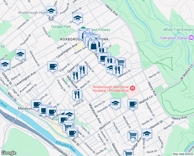 map of restaurants, bars, coffee shops, grocery stores, and more near 4420 Mitchell Street in Philadelphia