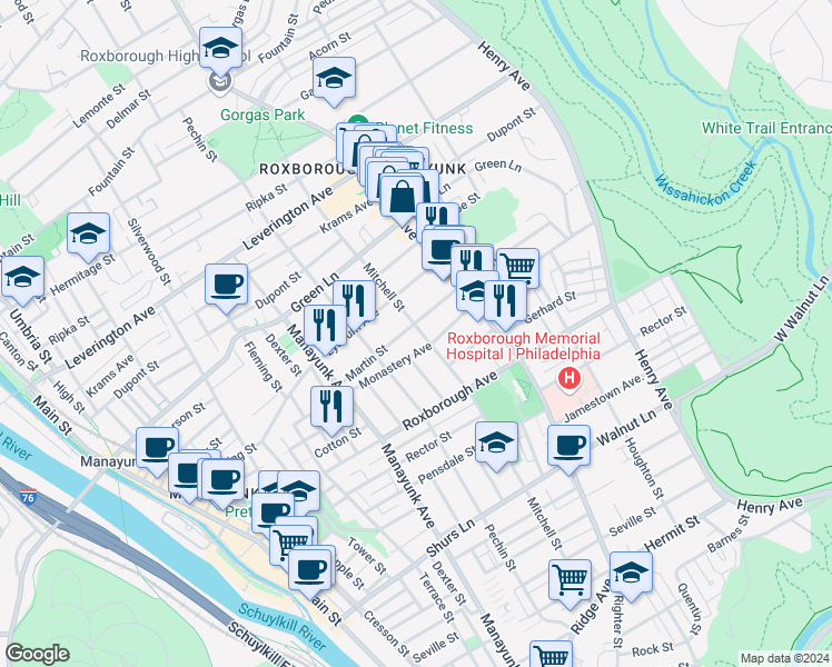map of restaurants, bars, coffee shops, grocery stores, and more near 4420 Mitchell Street in Philadelphia