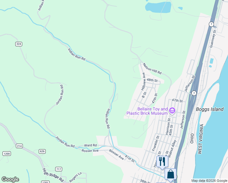 map of restaurants, bars, coffee shops, grocery stores, and more near 65180 Indian Run Road in Bellaire