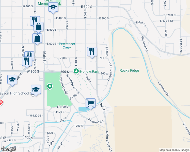 map of restaurants, bars, coffee shops, grocery stores, and more near 826 South 600 East in Payson