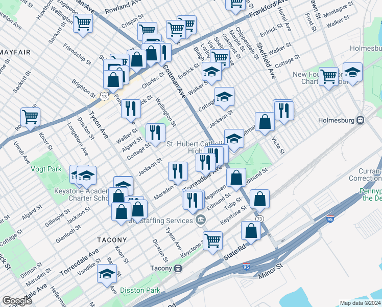 map of restaurants, bars, coffee shops, grocery stores, and more near 7179 Glenloch Street in Philadelphia