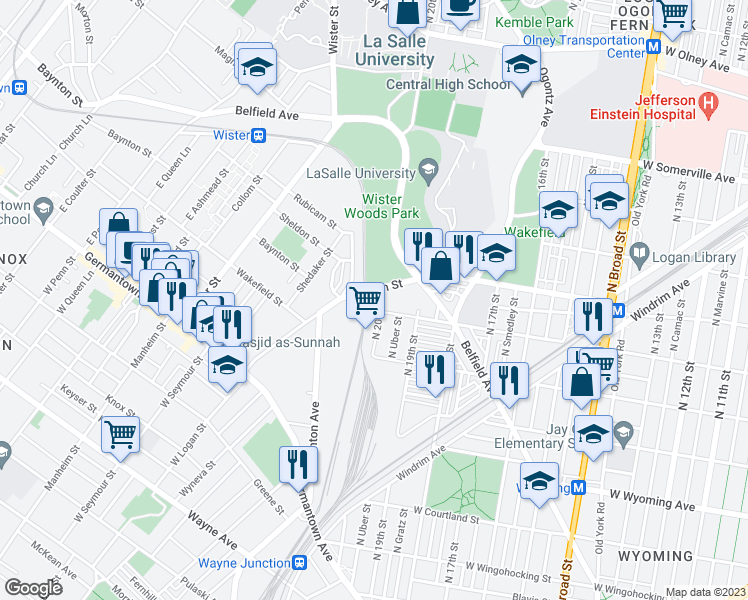 map of restaurants, bars, coffee shops, grocery stores, and more near 5000 North 20th Street in Philadelphia