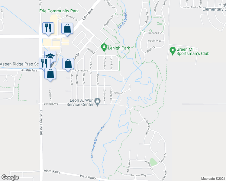 map of restaurants, bars, coffee shops, grocery stores, and more near 81 Ortega Court in Erie