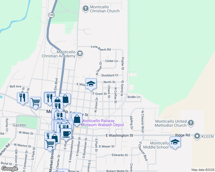 map of restaurants, bars, coffee shops, grocery stores, and more near 706 East Chestnut Street in Monticello