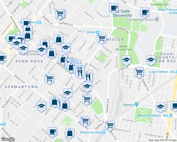 map of restaurants, bars, coffee shops, grocery stores, and more near 82 East Garfield Street in Philadelphia