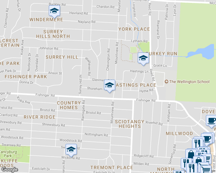 map of restaurants, bars, coffee shops, grocery stores, and more near 2136 Shoreham Road in Columbus