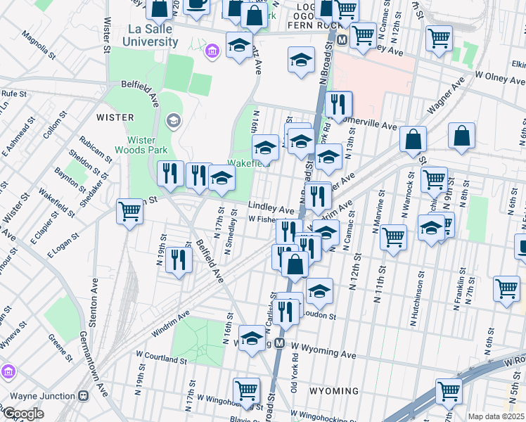 map of restaurants, bars, coffee shops, grocery stores, and more near 1512 Lindley Avenue in Philadelphia