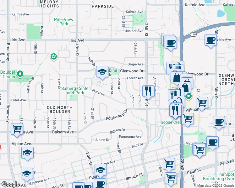 map of restaurants, bars, coffee shops, grocery stores, and more near 3035 23rd Street in Boulder