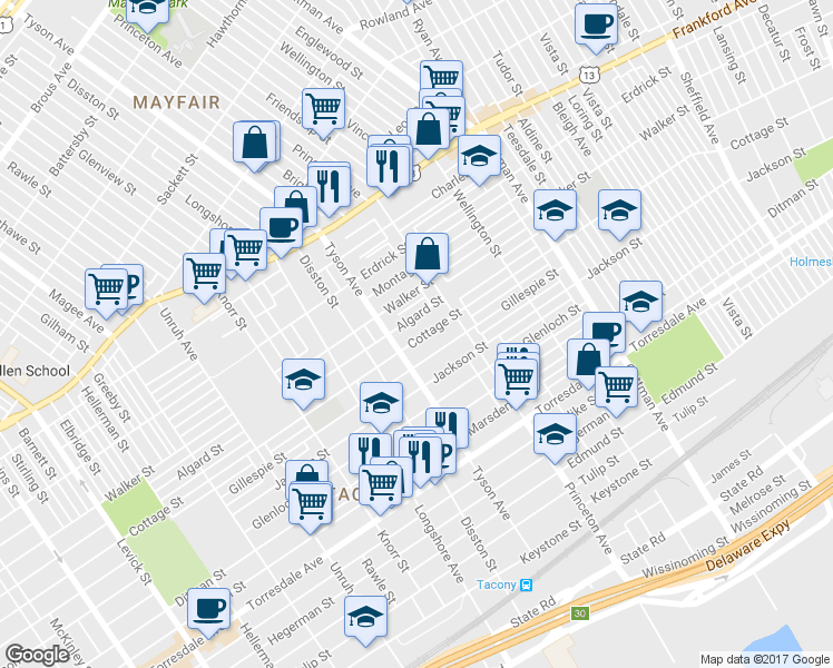 map of restaurants, bars, coffee shops, grocery stores, and more near 7016 Cottage Street in Philadelphia