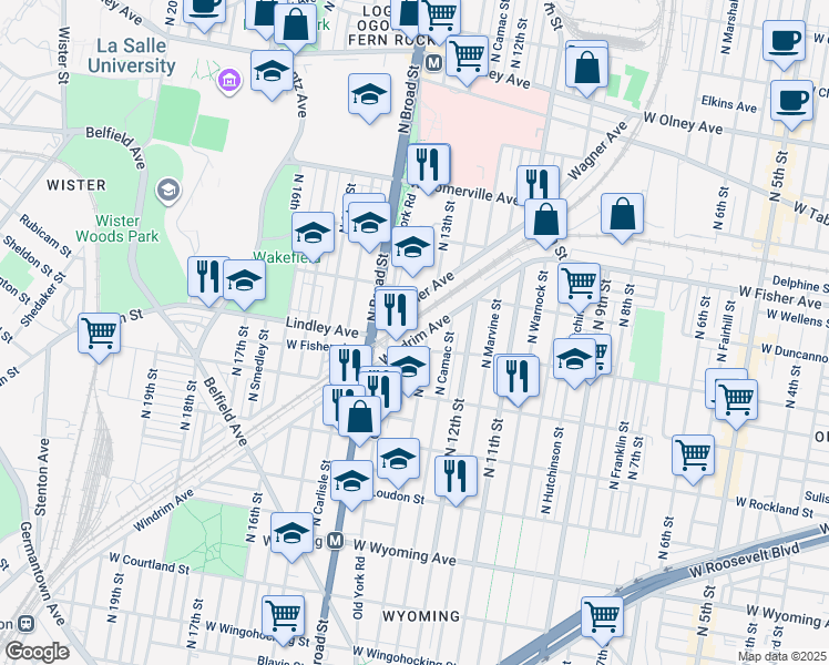 map of restaurants, bars, coffee shops, grocery stores, and more near 1319 Lindley Avenue in Philadelphia