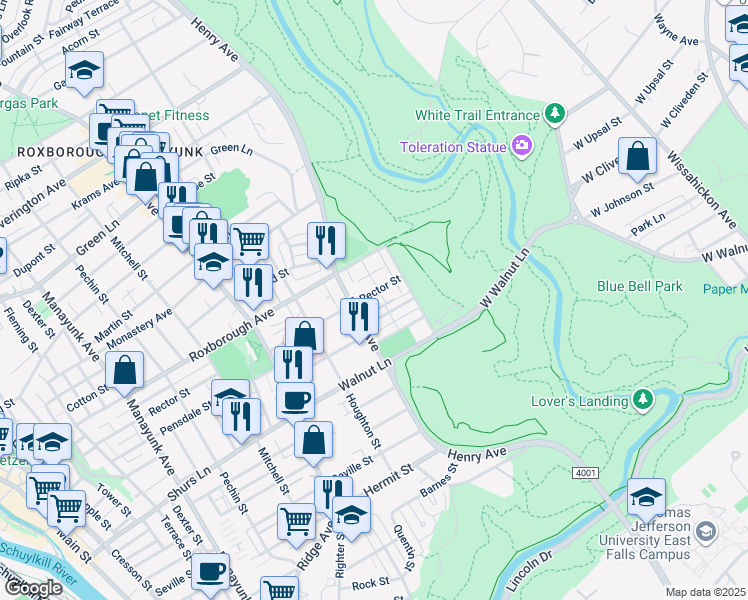 map of restaurants, bars, coffee shops, grocery stores, and more near 653 Rector Street in Philadelphia