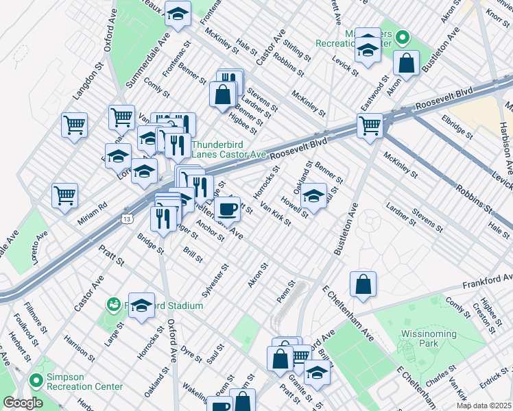 map of restaurants, bars, coffee shops, grocery stores, and more near 1506 Van Kirk Street in Philadelphia