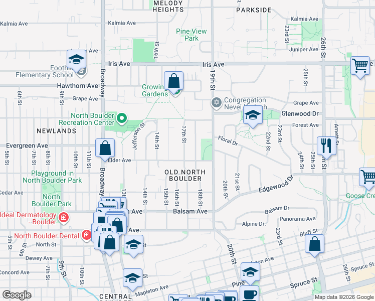map of restaurants, bars, coffee shops, grocery stores, and more near 3025 18th Street in Boulder