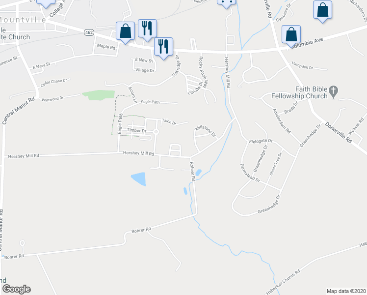 map of restaurants, bars, coffee shops, grocery stores, and more near 242 Horseshoe Loop in Mountville