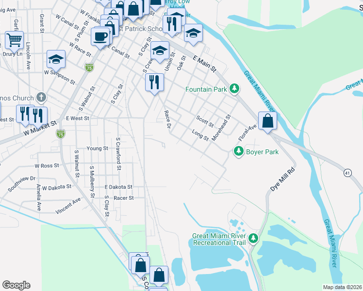 map of restaurants, bars, coffee shops, grocery stores, and more near 906 Race Drive in Troy