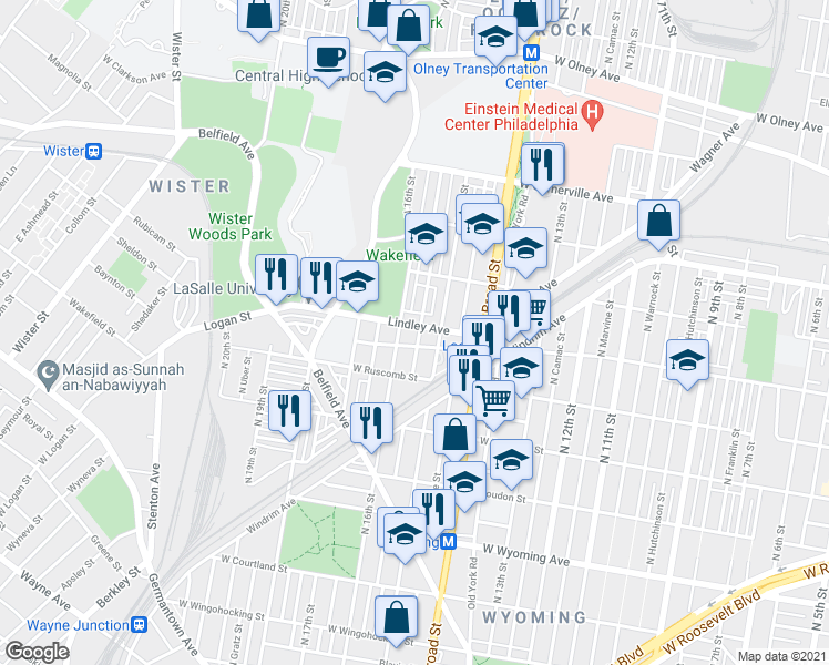 map of restaurants, bars, coffee shops, grocery stores, and more near 1516 Lindley Avenue in Philadelphia