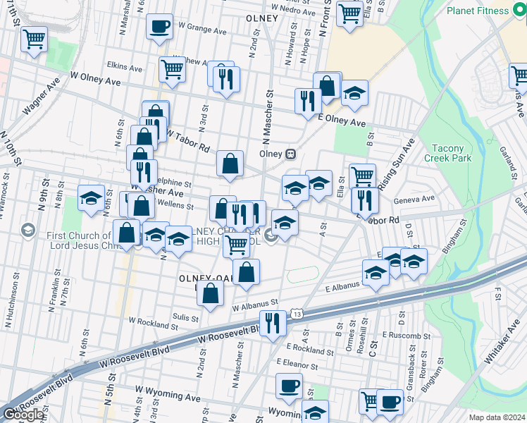 map of restaurants, bars, coffee shops, grocery stores, and more near 148 West Fisher Avenue in Philadelphia