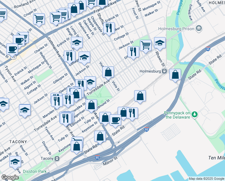 map of restaurants, bars, coffee shops, grocery stores, and more near 4756 Loring Street in Philadelphia