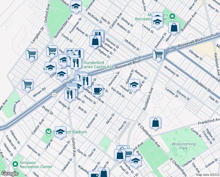 map of restaurants, bars, coffee shops, grocery stores, and more near 1506 Van Kirk Street in Philadelphia
