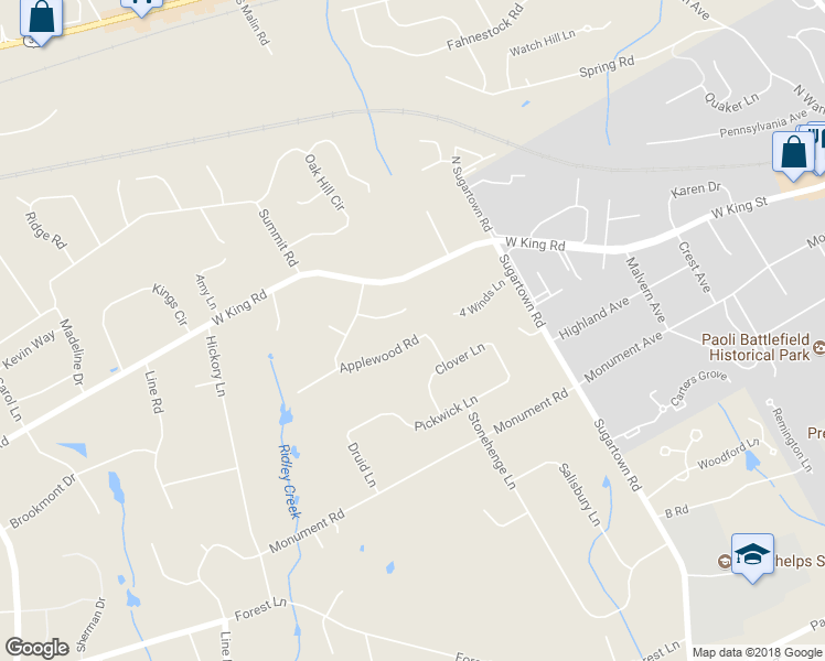 map of restaurants, bars, coffee shops, grocery stores, and more near 12 Applewood Road in Malvern