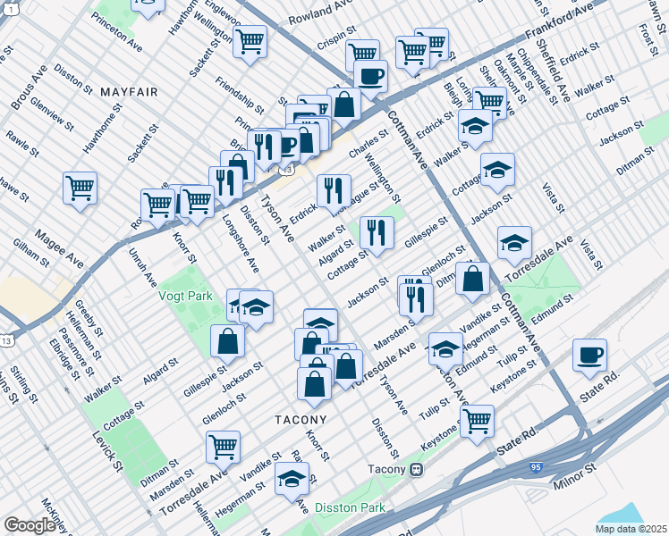 map of restaurants, bars, coffee shops, grocery stores, and more near 7016 Cottage Street in Philadelphia