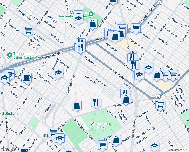 map of restaurants, bars, coffee shops, grocery stores, and more near 2143 Stevens Street in Philadelphia