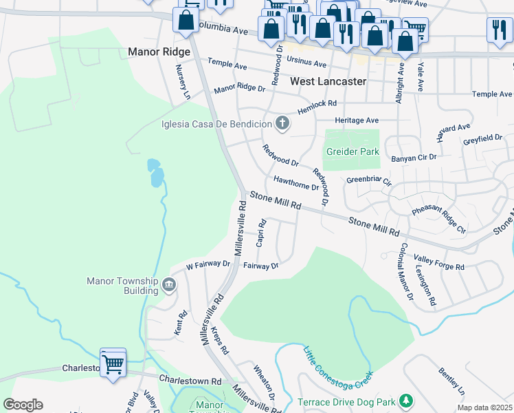 map of restaurants, bars, coffee shops, grocery stores, and more near 2112 Stone Mill Road in Lancaster