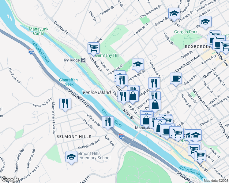 map of restaurants, bars, coffee shops, grocery stores, and more near 4681 Canton Street in Philadelphia