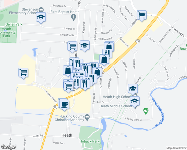 map of restaurants, bars, coffee shops, grocery stores, and more near 775 Hebron Road in Heath
