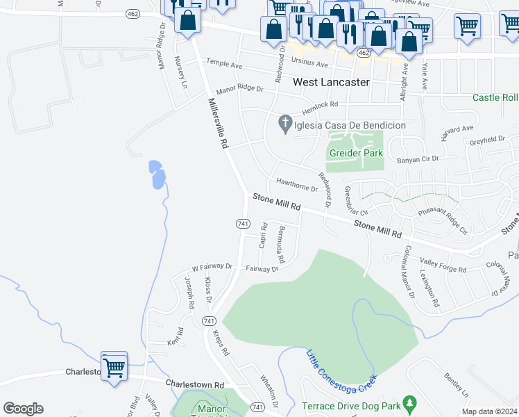 map of restaurants, bars, coffee shops, grocery stores, and more near 2112 Stone Mill Road in Lancaster