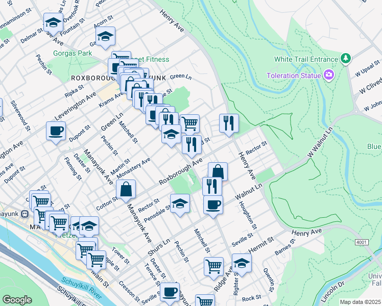 map of restaurants, bars, coffee shops, grocery stores, and more near 5933 Ridge Avenue in Philadelphia